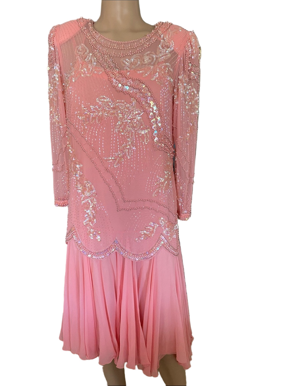 Lillie Rubin Vintage Silk Pink Beaded Long-Sleeve Cocktail Dress